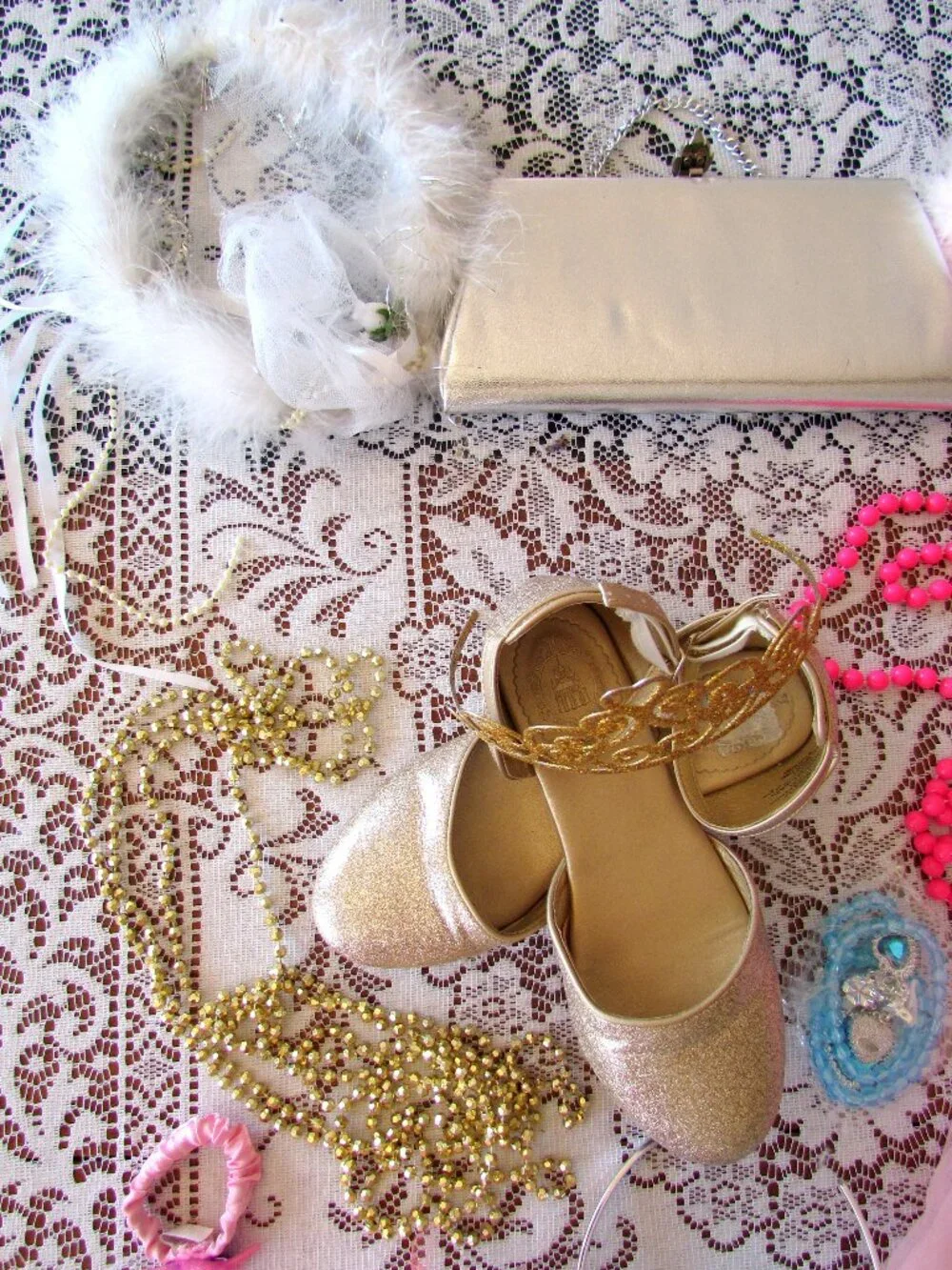 GIRL'S DRESS-UP ACCESSORIES for PLAY, TUTUS, GOLDEN SHOES, TIARAS, NECKLACES
